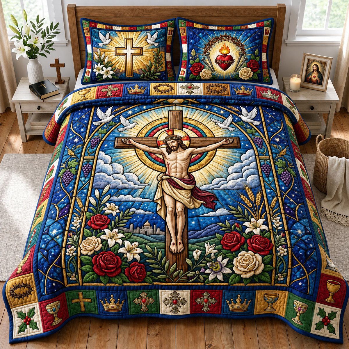 Jesus on the Cross 3 Piece Quilted Bedding Set Gift For Christians