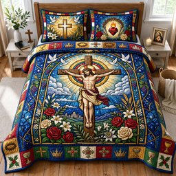 Jesus on the Cross 3 Piece Quilted Bedding Set Gift For Christians