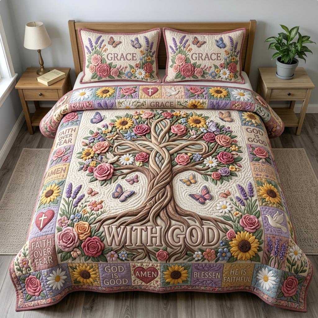 Floral Bible 3 Piece Quilted Bedding Set Gift For Christians