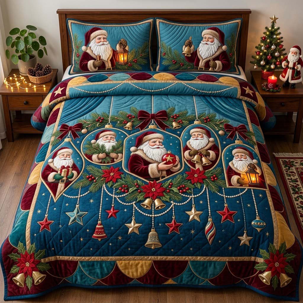 Garland of Santa Portraits 3 Piece Quilted Bedding Set Christmas Gift For Holiday Decor Lovers