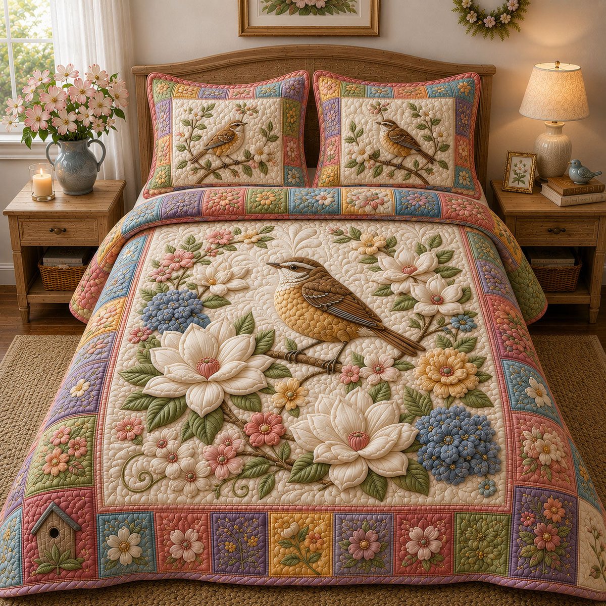 Pastel Wildflower Wren 3 Piece Quilted Bedding Set Gift For Flower Lovers