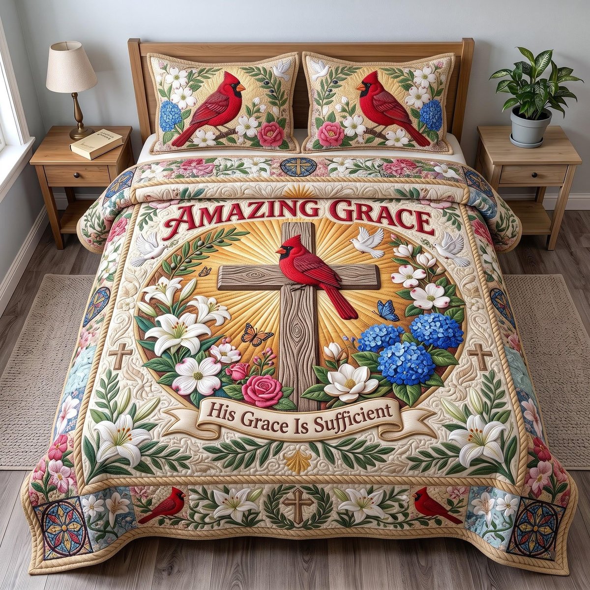 Amazing Grace Cardinal 3 Piece Quilted Bedding Set Gift For Bird Lovers
