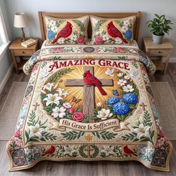 Amazing Grace Cardinal 3 Piece Quilted Bedding Set Gift For Bird Lovers