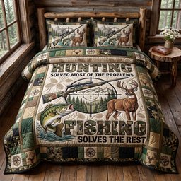 Hunting and Fishing 3 Piece Quilted Bedding Set Gift For Hunters