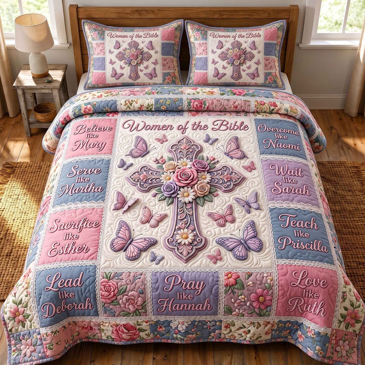 Women of the Bible 3 Piece Quilted Bedding Set Gift For Christians