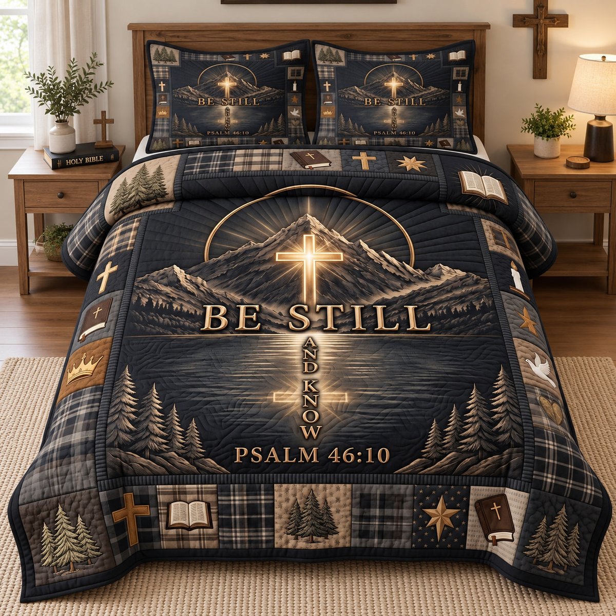 Golden Mountain Faith Christian 3 Piece Quilted Bedding Set Gift For Christians
