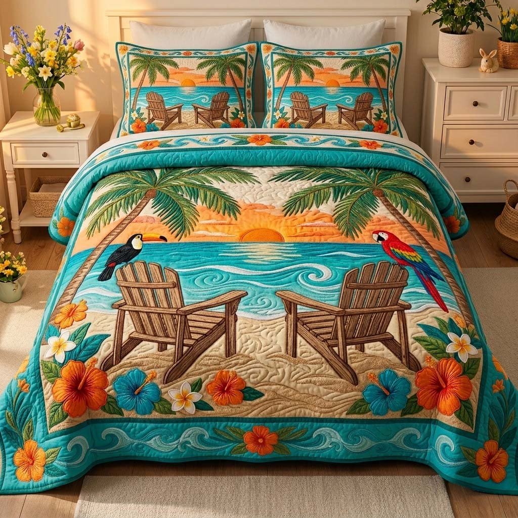 Island Sunset Glow Beach 3 Piece Quilted Bedding Set Gift For Nature Lovers