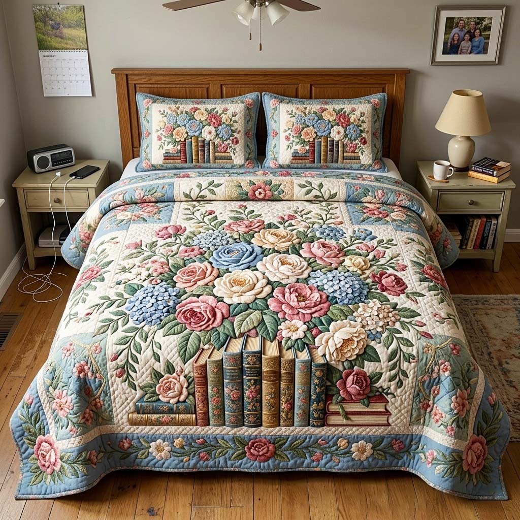 Vintage Bouquet 3 Piece Quilted Bedding Set Gift For Flower Lovers