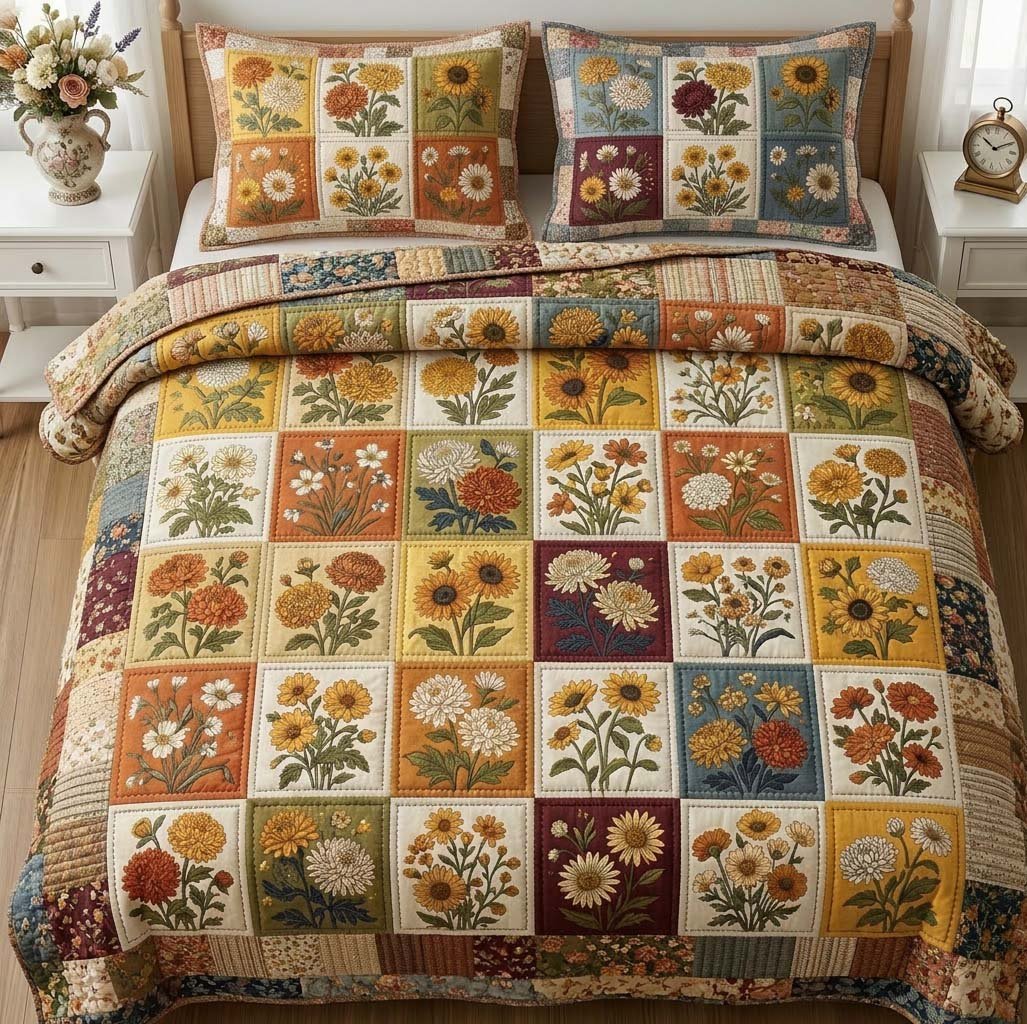 Flower Patchwork 3 Piece Quilted Bedding Set Gift For Flower Lovers