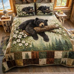 Rustic Wilderness Bear 3 Piece Quilted Bedding Set Gift For Nature Lovers