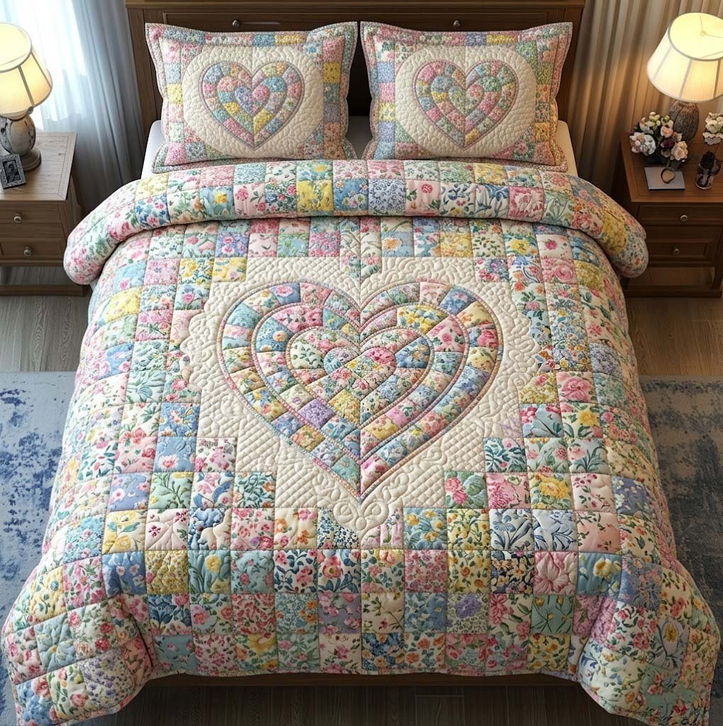 Flower Patchwork 3 Piece Quilted Bedding Set Gift For Flower Lovers