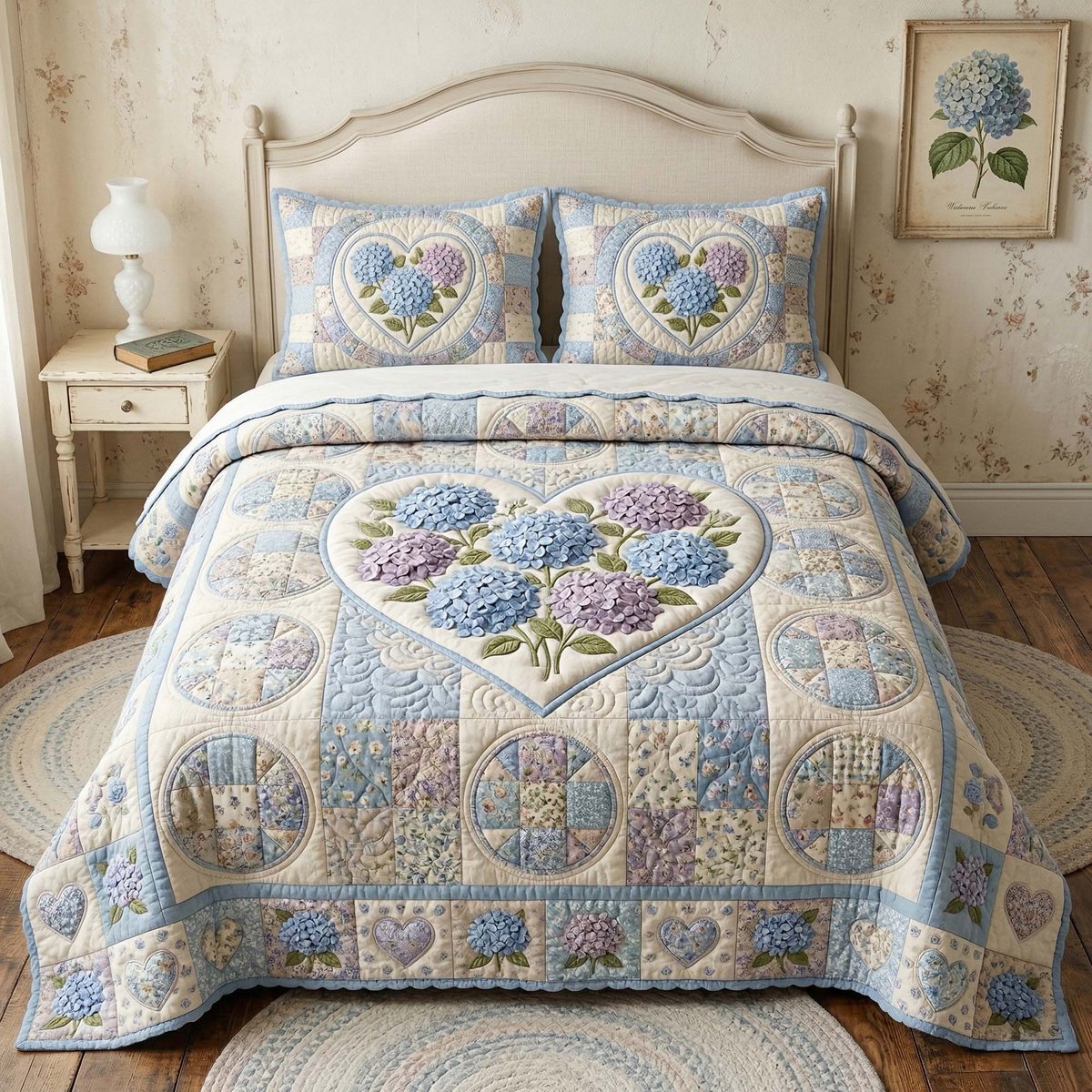 Hydrangea Patch Garden 3 Piece Quilted Bedding Set Gift For Flower Lovers