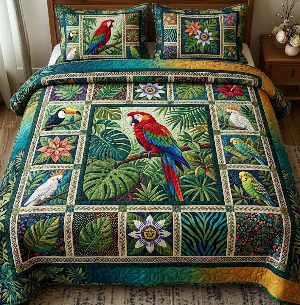 Tropical Parrots 3 Piece Quilted Bedding Set Gift For Beach Lovers