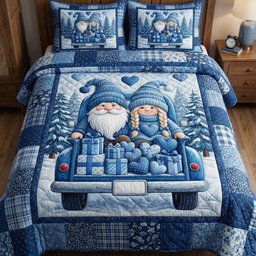 Gnome Sweethearts 3 Piece Quilted Bedding Set Gift For Holiday Decor Lovers