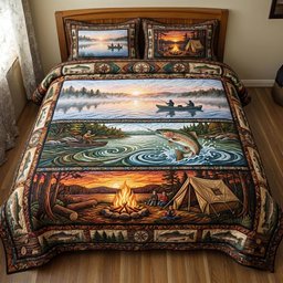 Lake Angler 3 Piece Quilted Bedding Set Gift For Fishing Lovers