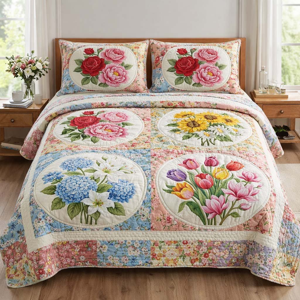 Floral Paradise 3 Piece Quilted Bedding Set Gift For Flower Lovers