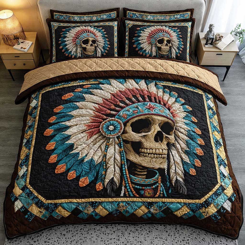 Tribal Spirit Skull 3 Piece Quilted Bedding Set Gift For Gothic Decor Lovers