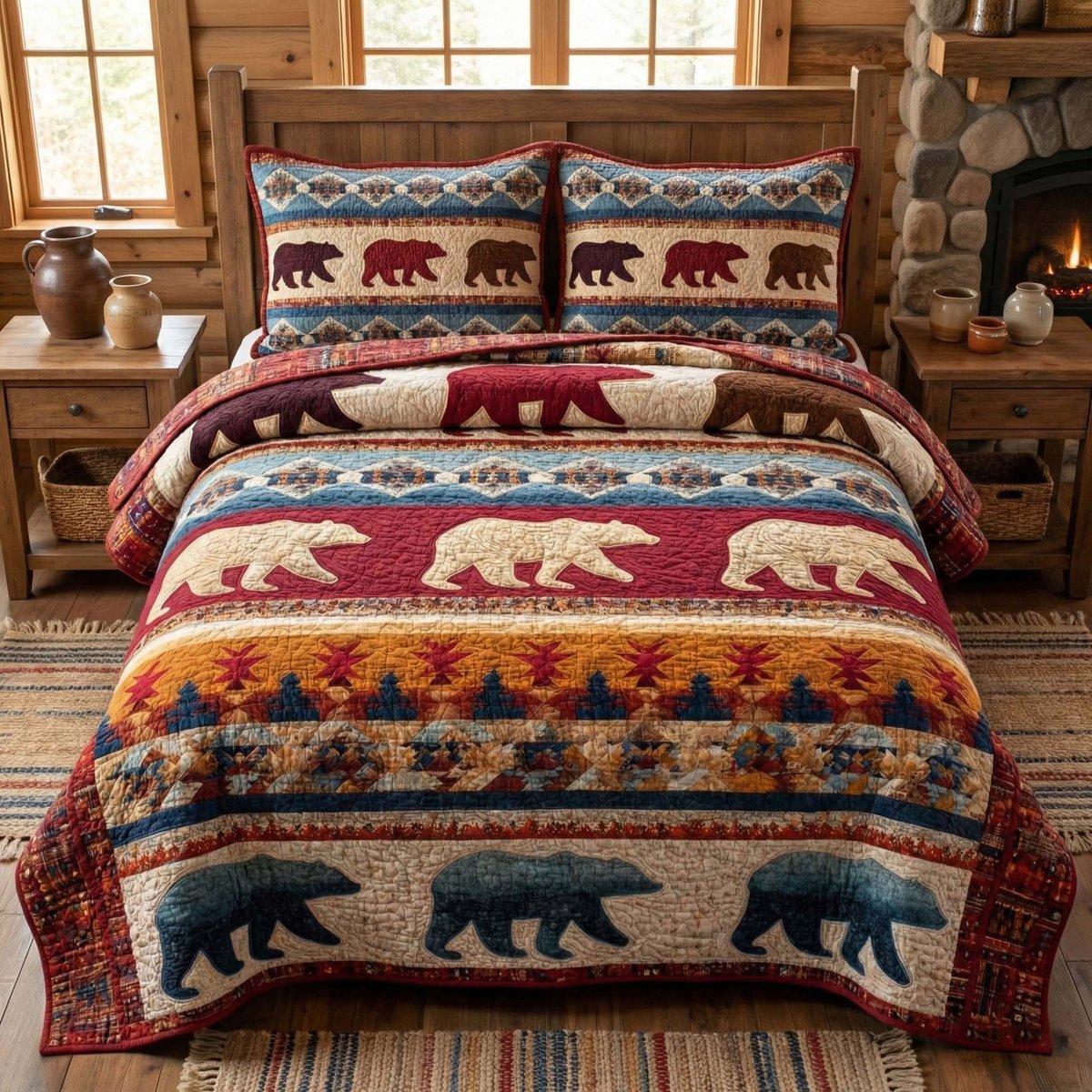 Rustic Patch Bear 3 Piece Quilted Bedding Set Gift For Bear Lovers