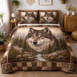Shadow Wolf 3 Piece Quilted Bedding Set Gift For Wolf Lovers
