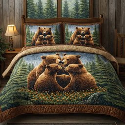 Forest Embrace Bear 3 Piece Quilted Bedding Set Gift For Nature Lovers