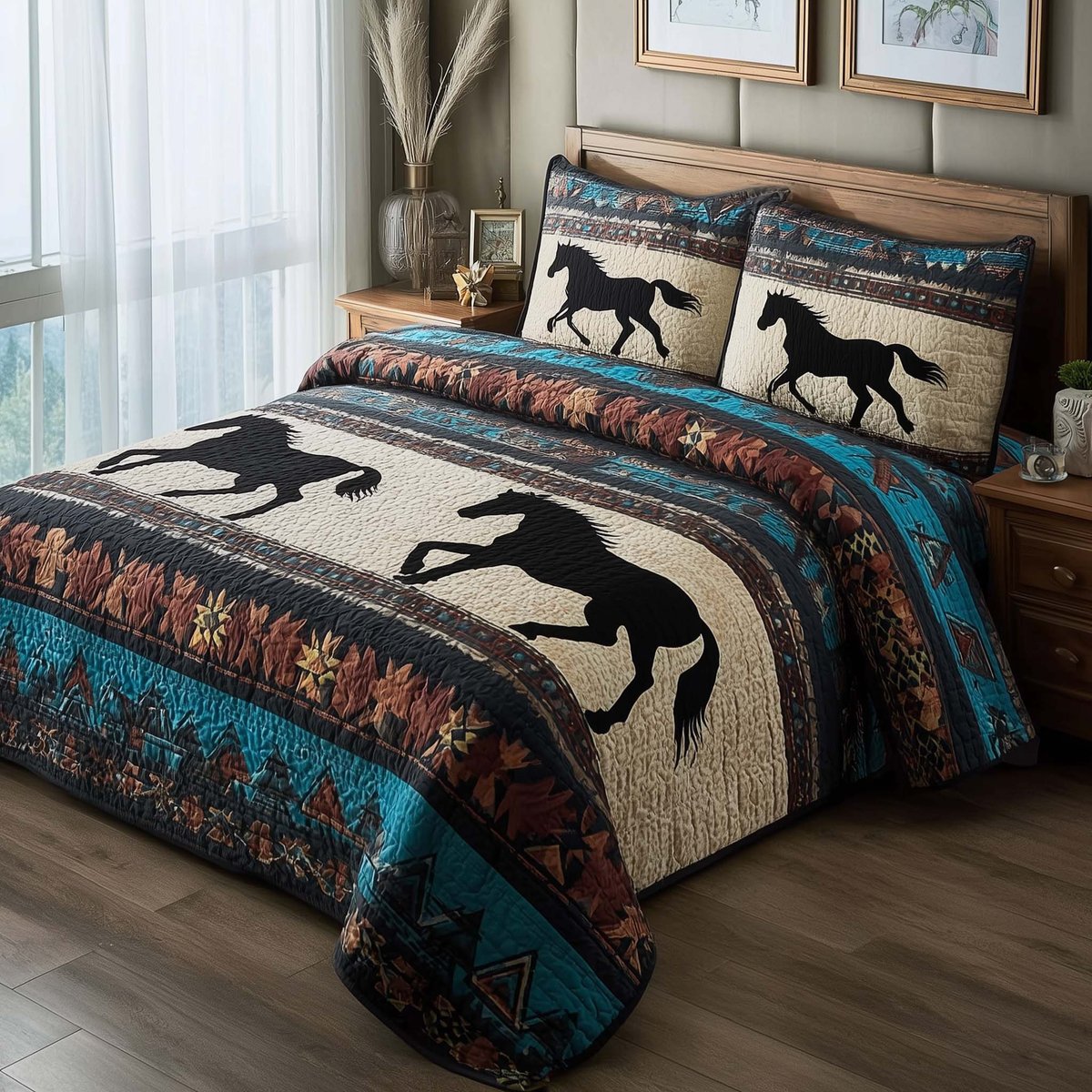 Prairie Horse 3 Piece Quilted Bedding Set Gift For Horse Lovers
