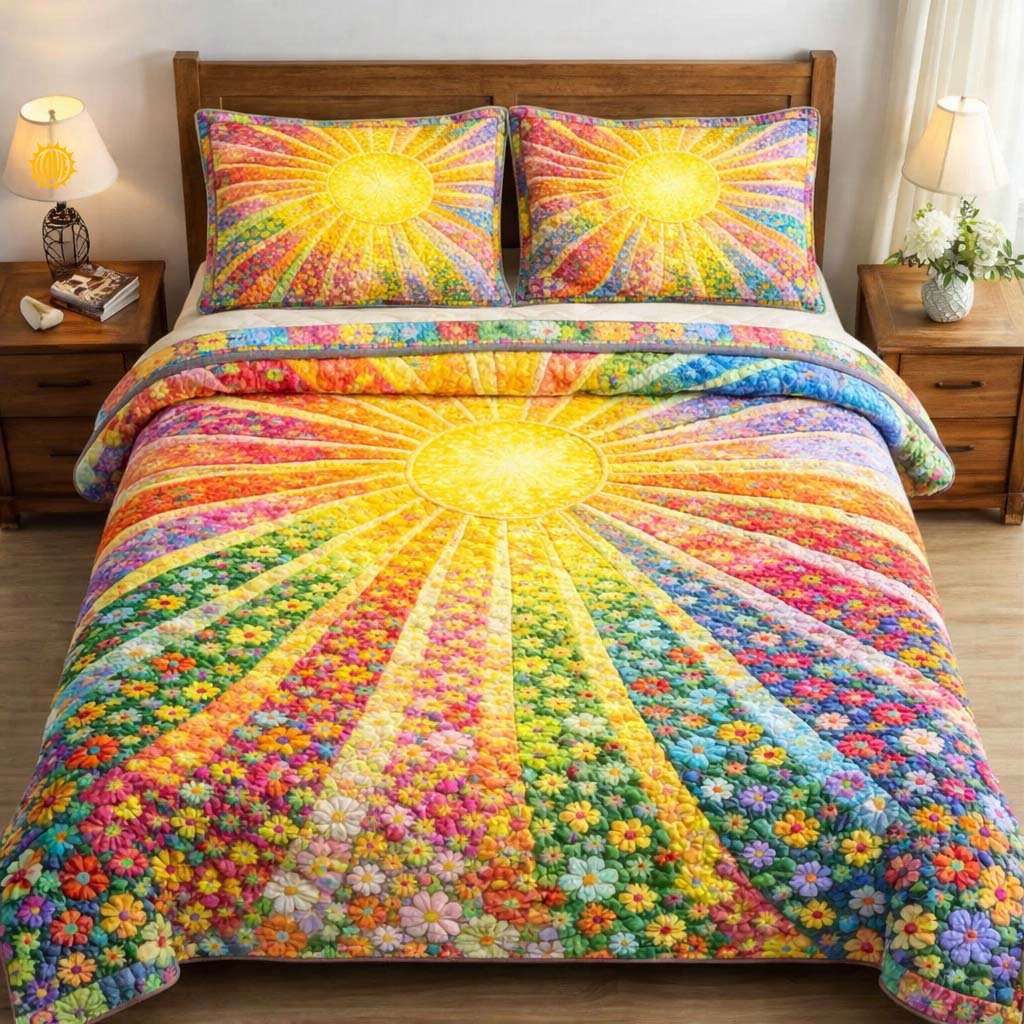 Floral Sunburst 3 Piece Quilted Bedding Set Gift For Flower Lovers
