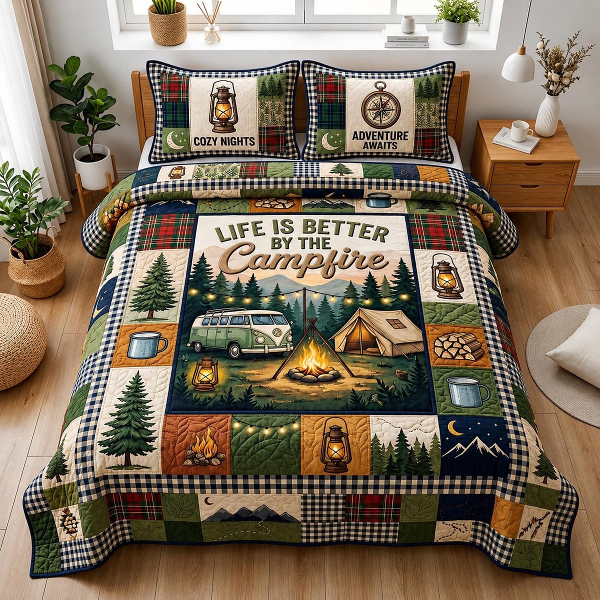 Camp Bliss 3 Piece Quilted Bedding Set Gift For Nature Lovers
