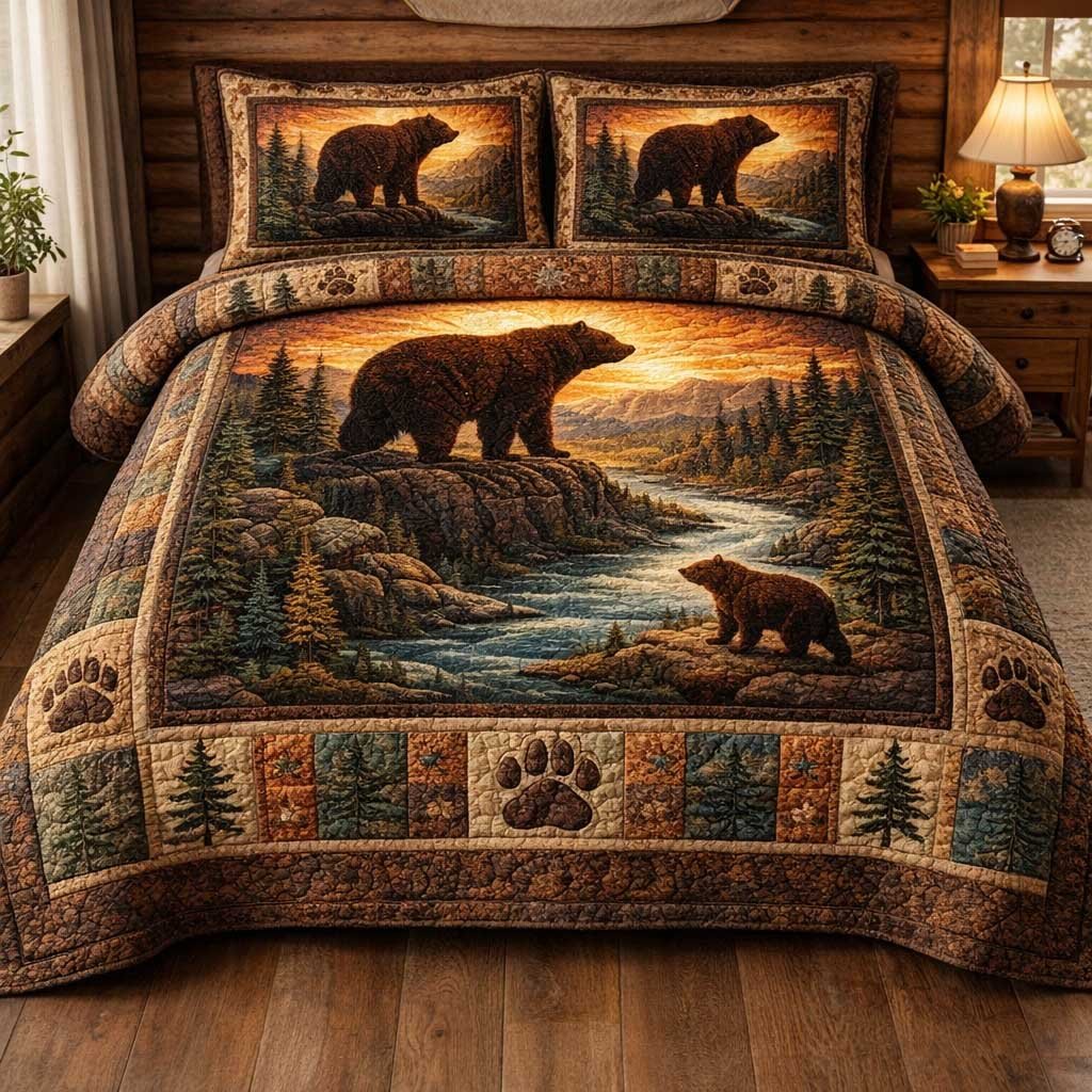 Rustic Bear 3 Piece Quilted Bedding Set Gift For Bear Lovers