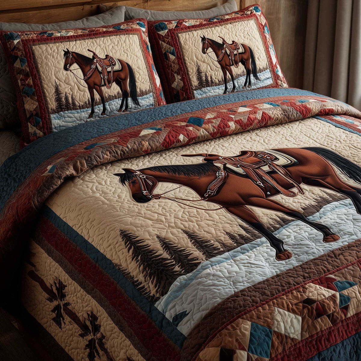 Prairie Horse 3 Piece Quilted Bedding Set Gift For Horse Lovers