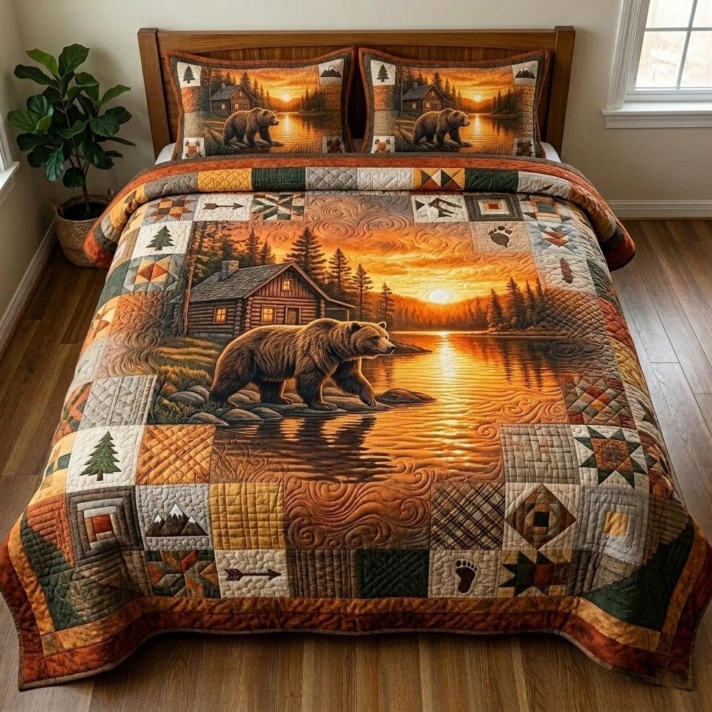 Rustic Bear 3 Piece Quilted Bedding Set Gift For Bear Lovers