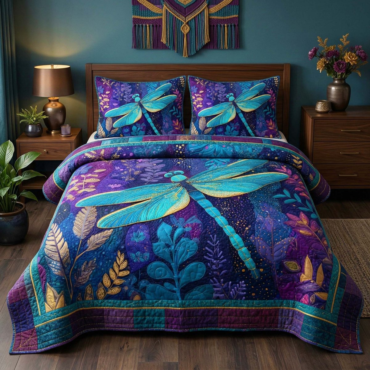 Midnight Dragonfly 3 Piece Quilted Bedding Set Gift For Butterfly Lovers
