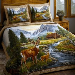 Mountain Serenity Deer 3 Piece Quilted Bedding Set Gift For Nature Lovers