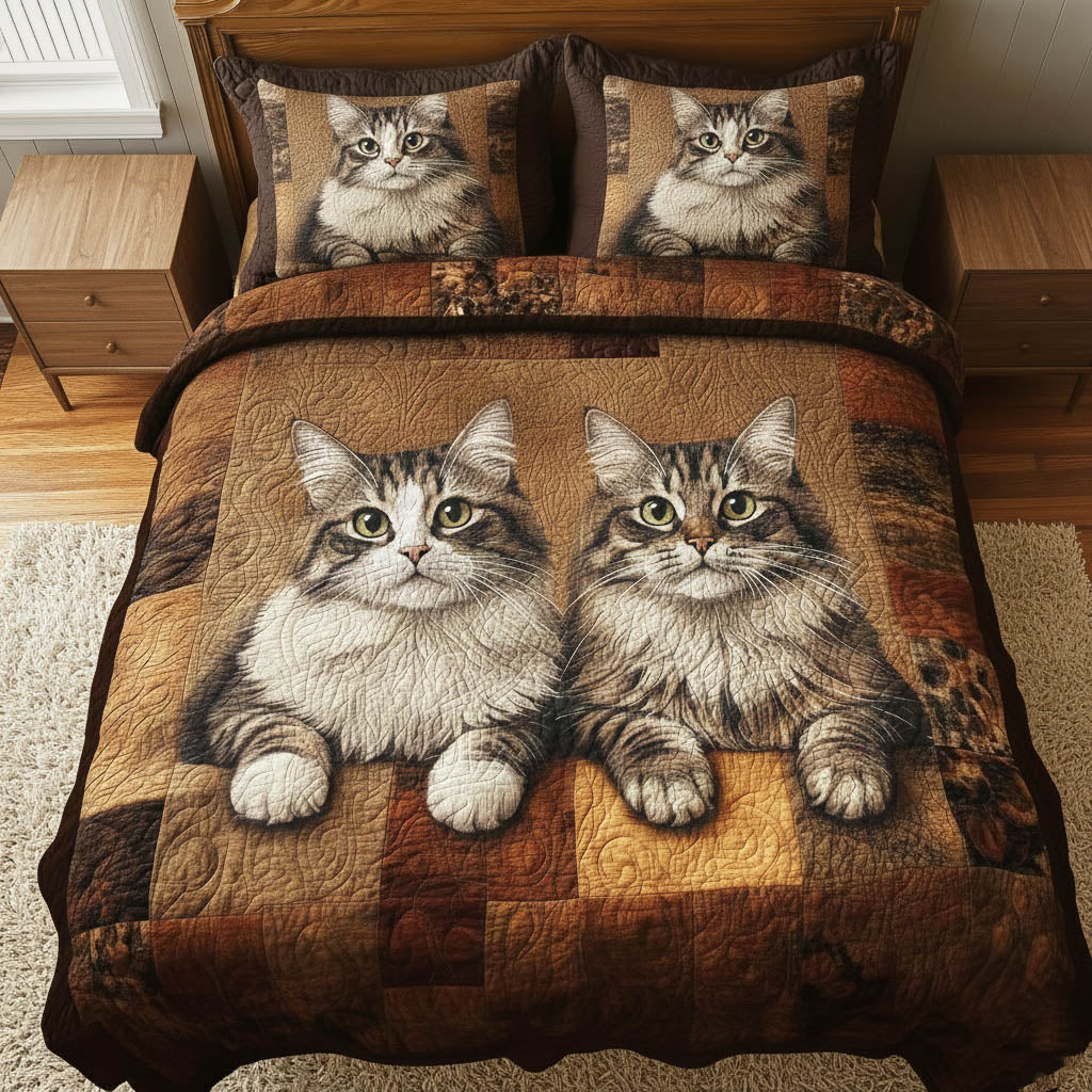 Pawfect Gang Cat 3 Piece Quilted Bedding Set Gift For Cat Lovers
