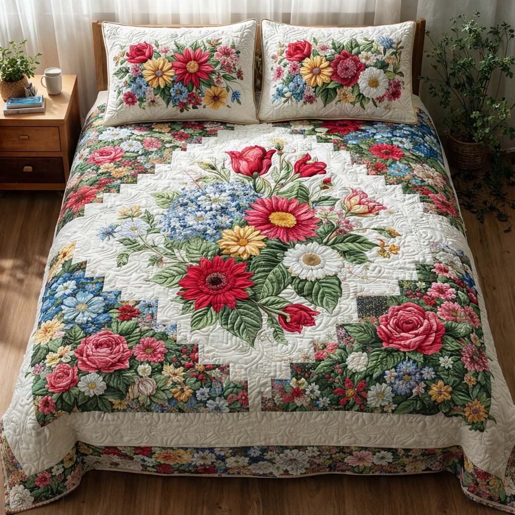 Floral Elegance 3 Piece Quilted Bedding Set Gift For Flower Lovers