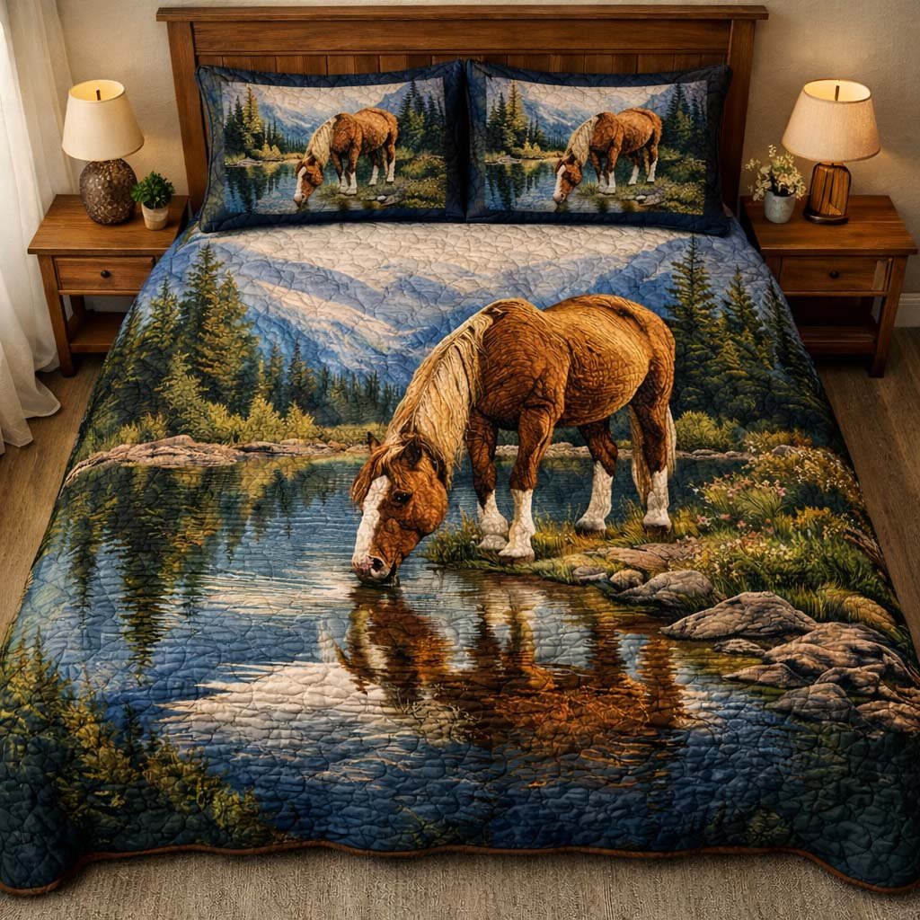Mountain Lake Horse 3 Piece Quilted Bedding Set Gift For Horse Lovers
