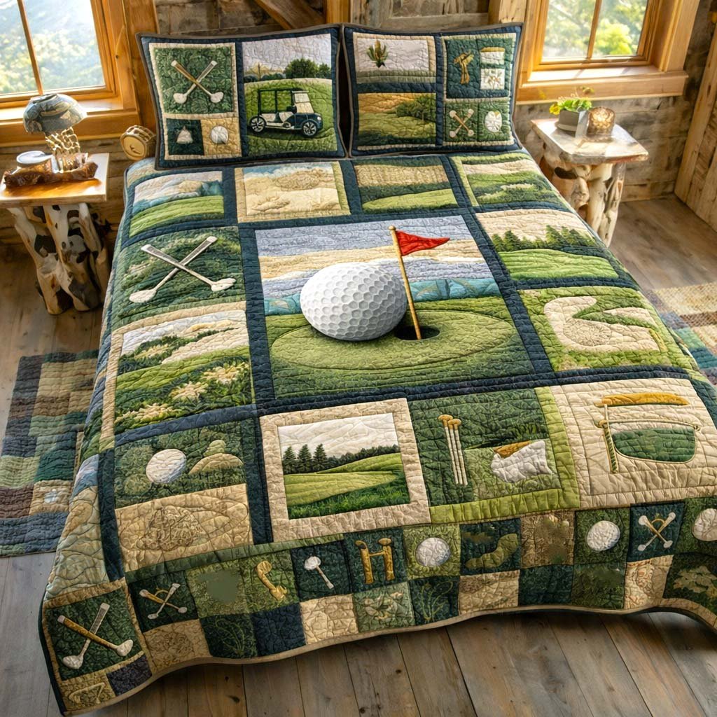 Golf Lodge 3 Piece Quilted Bedding Set Gift For Sports Fans