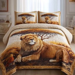 Golden Lion 3 Piece Quilted Bedding Set Gift For Lion Lovers