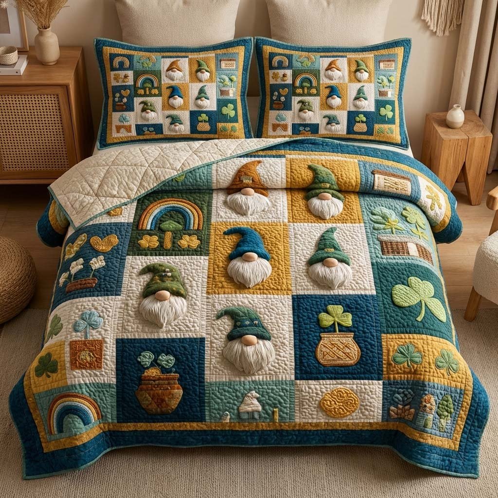 Shamrock Gnomes 3 Piece Quilted Bedding Set Gift For Holiday Decor Lovers