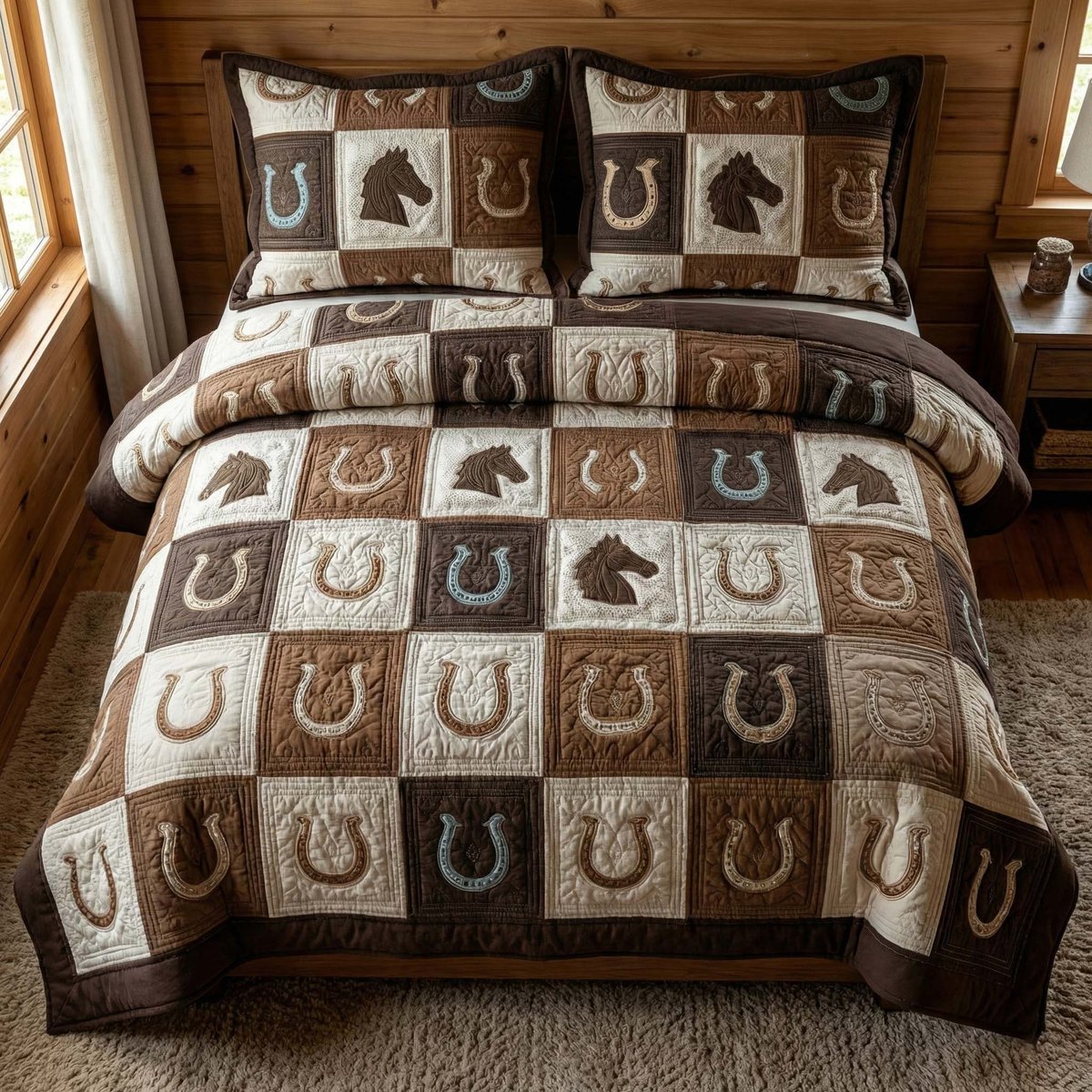 Western Grid Horse 3 Piece Quilted Bedding Set Gift For Western Lovers