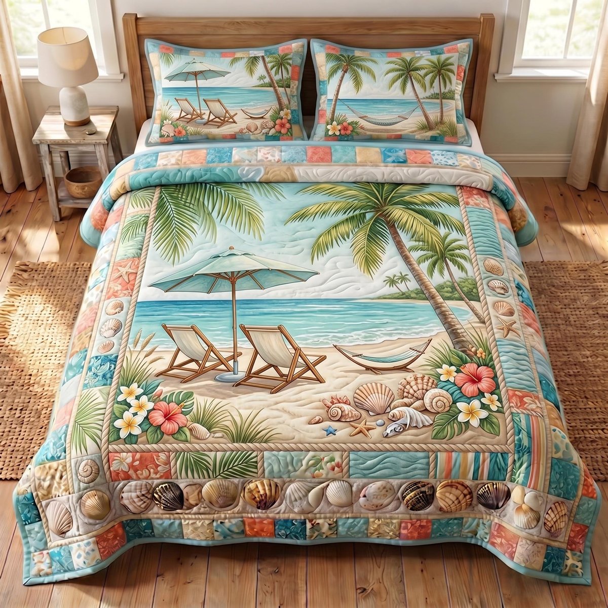 Seaside Calm Beach 3 Piece Quilted Bedding Set Gift For Beach Lovers