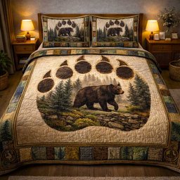 Timber Lodge Bear 3 Piece Quilted Bedding Set Gift For Bear Lovers