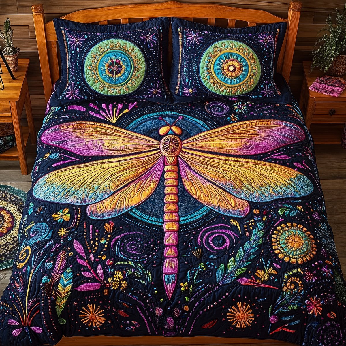 Dragonfly 3 Piece Quilted Bedding Set Gift For Butterfly Lovers