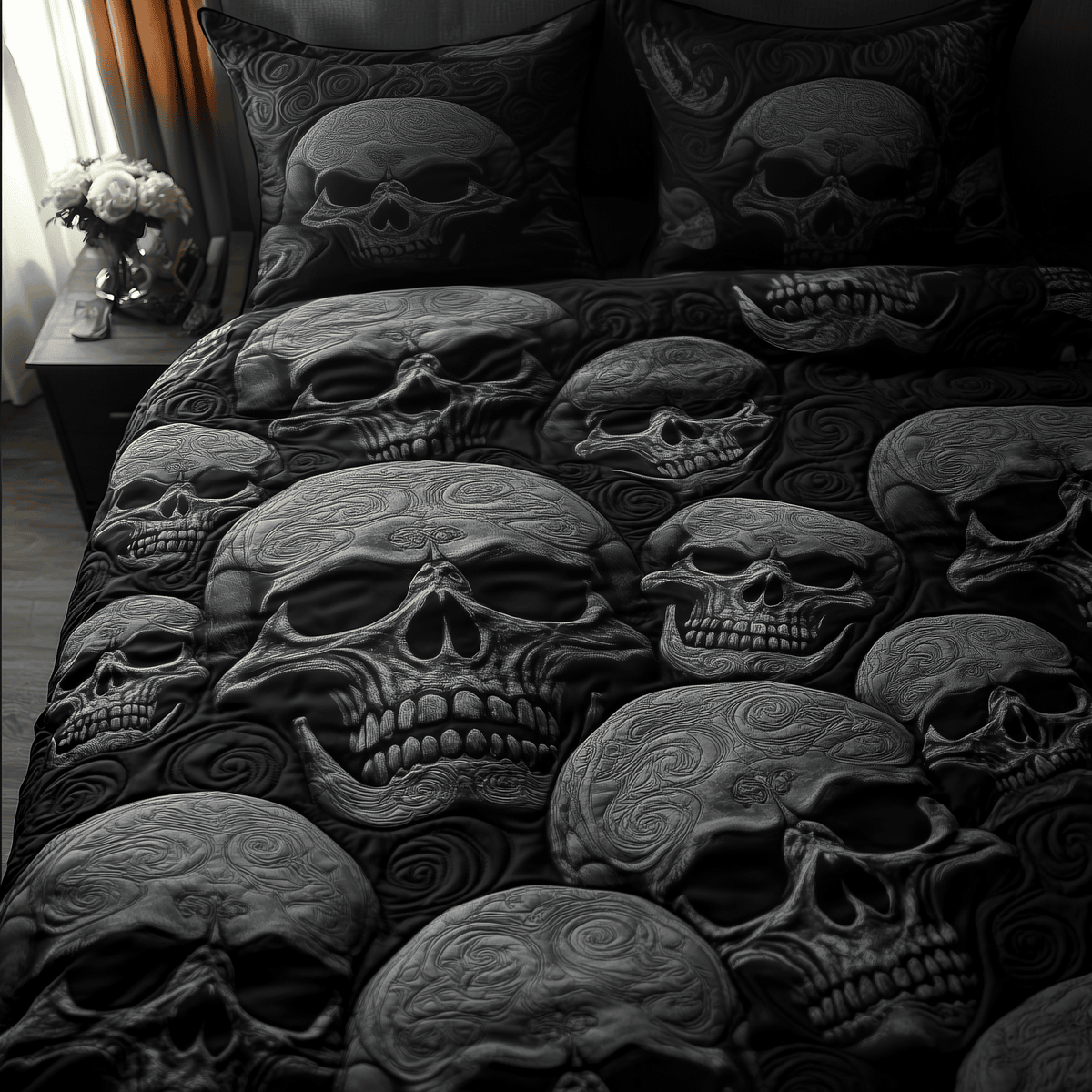 Black Skull 3 Piece Quilted Bedding Set Gift For Gothic Decor Lovers