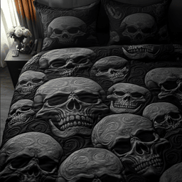Black Skull 3 Piece Quilted Bedding Set Gift For Gothic Decor Lovers