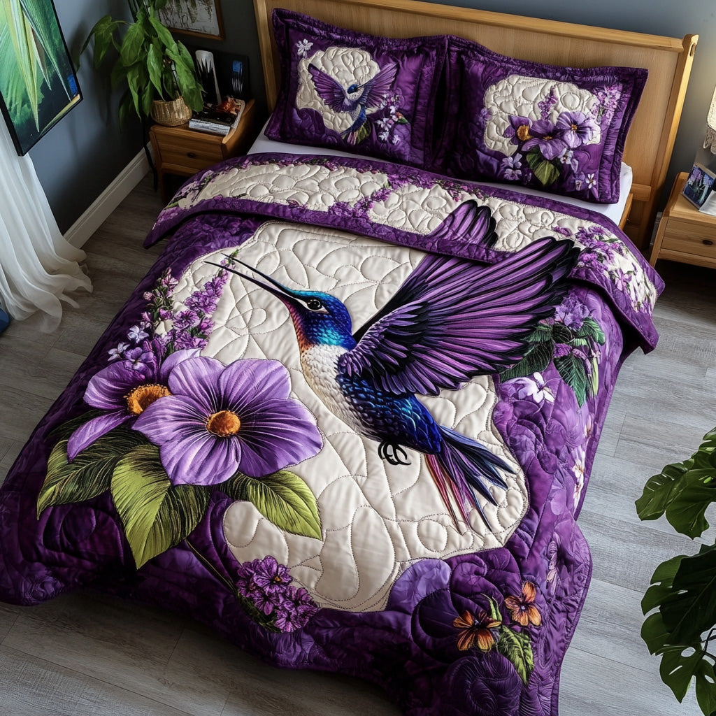 Purple Hummingbird 3 Piece Quilted Bedding Set Gift For Bird Lovers