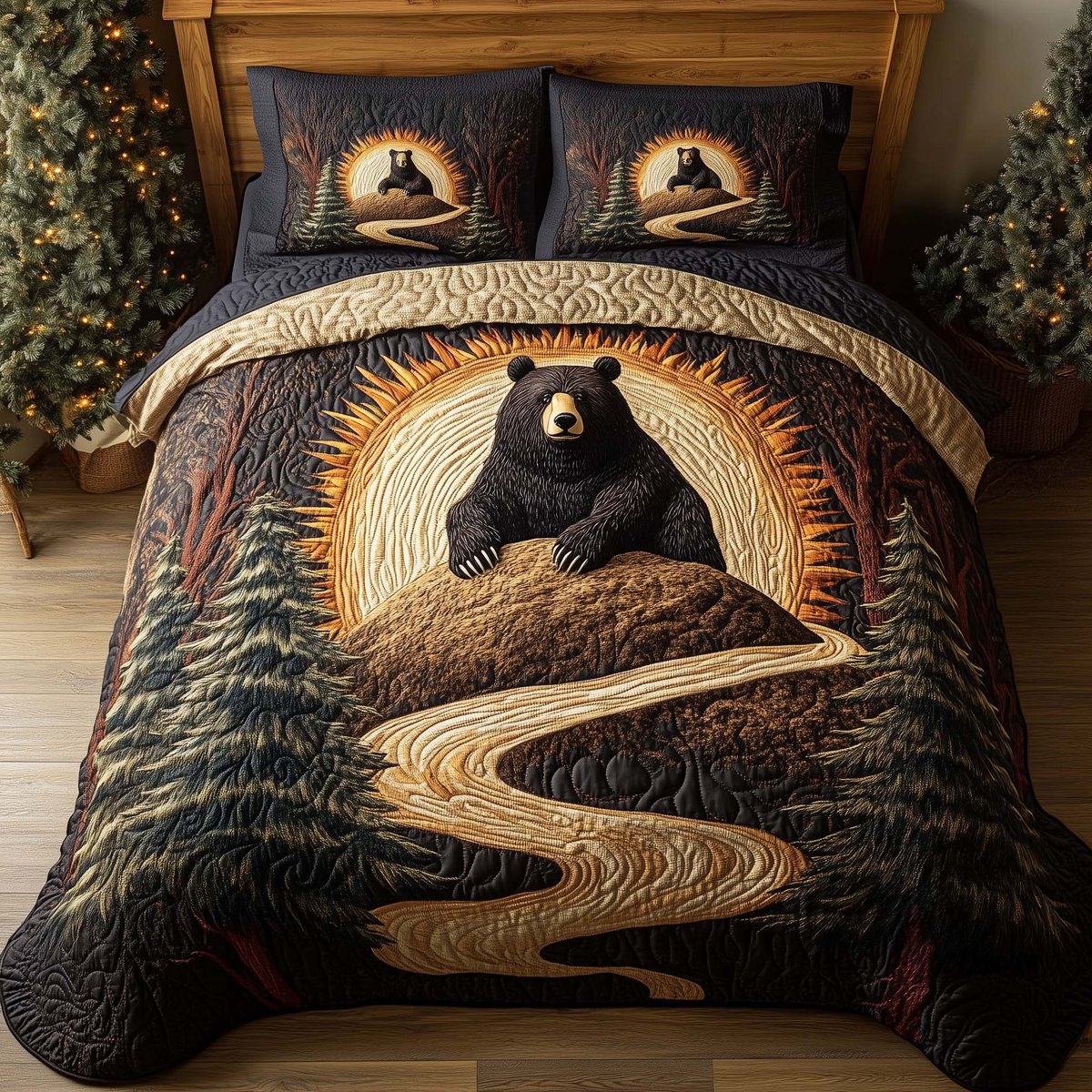 Forest Bear 3 Piece Quilted Bedding Set Gift For Bear Lovers