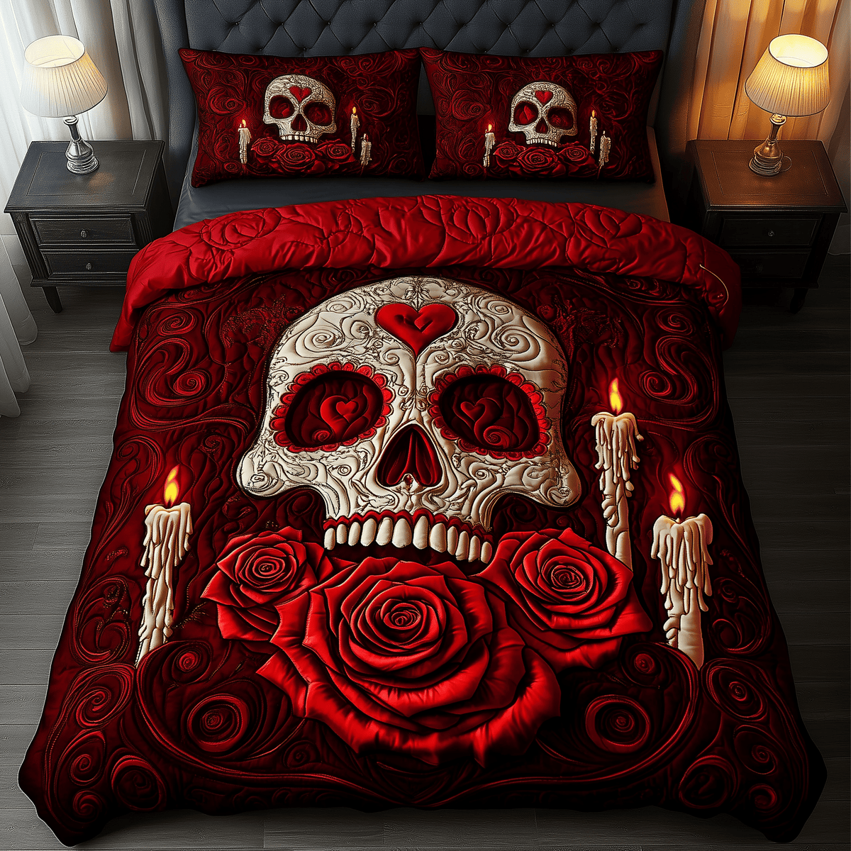 A Dinner Skull 3 Piece Quilted Bedding Set Valentines Day Gift For Flower Lovers