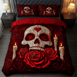 A Dinner Skull 3 Piece Quilted Bedding Set Valentines Day Gift For Flower Lovers