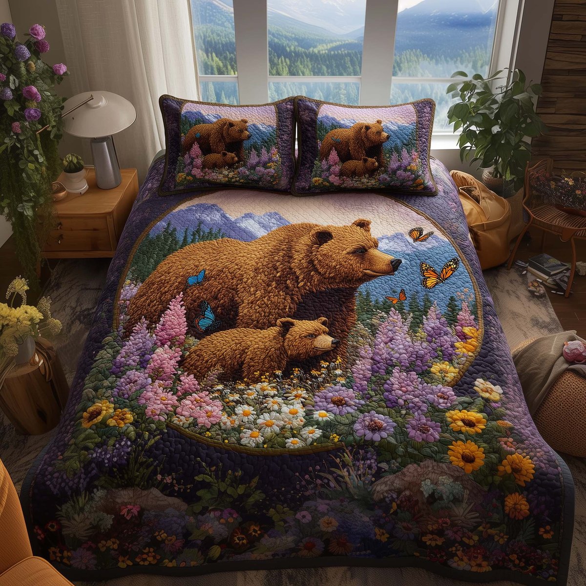 Bear Heaven 3 Piece Quilted Bedding Set Gift For Bear Lovers