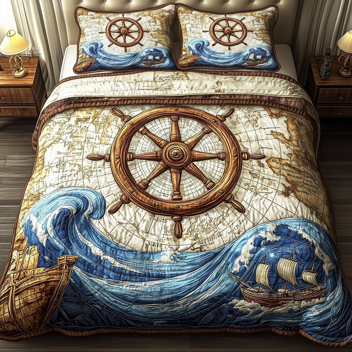 Nautical Ship Wheel 3 Piece Quilted Bedding Set Gift For Beach Lovers